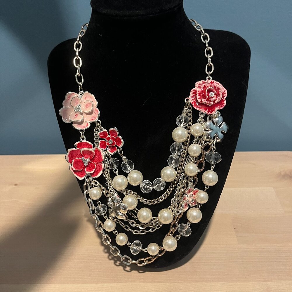 White House Black Market Necklace.Faux Pearl & Rhinestone with Enameled Flowers.